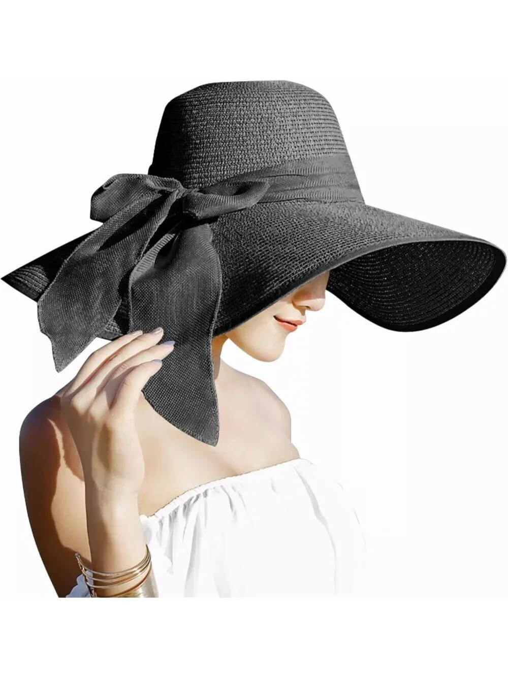 Women's Black 5.7 Inches Big Bowknot Straw Hat Large Floppy Foldable Cap